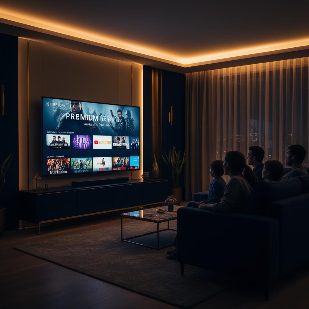 Family watching premium streaming TV at home