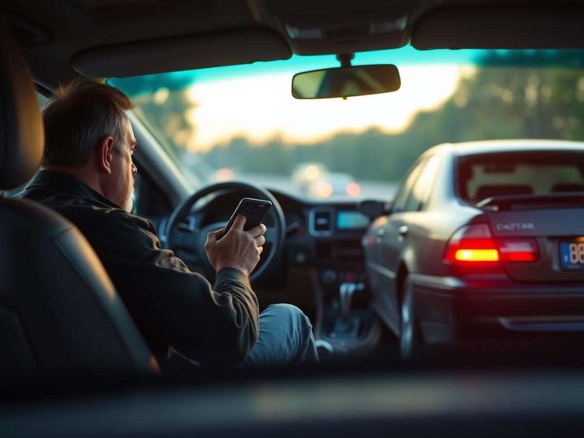 Frustrated driver looking at phone next to broken-down car