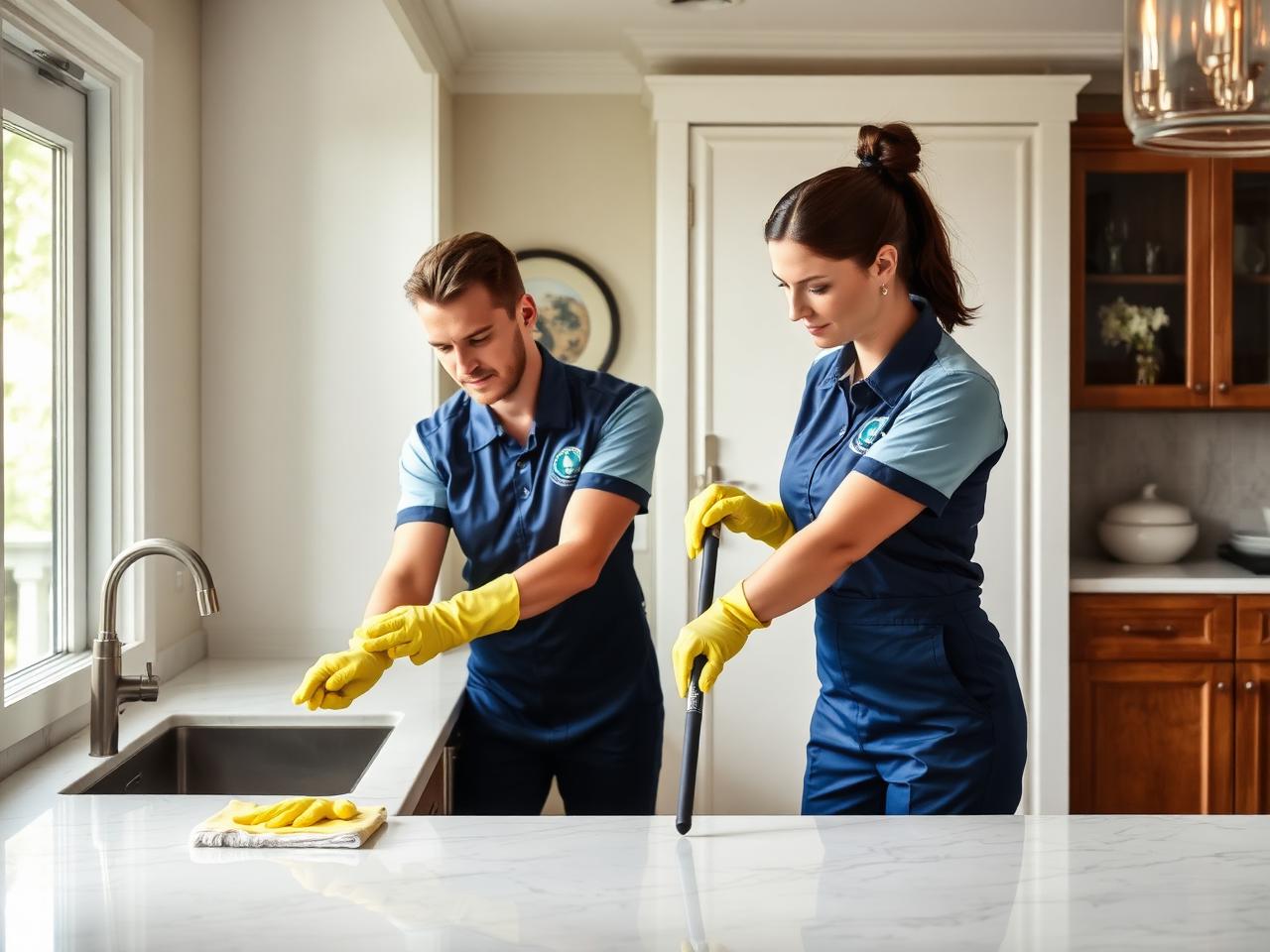 Professional cleaning team in branded uniforms in upscale kitchen