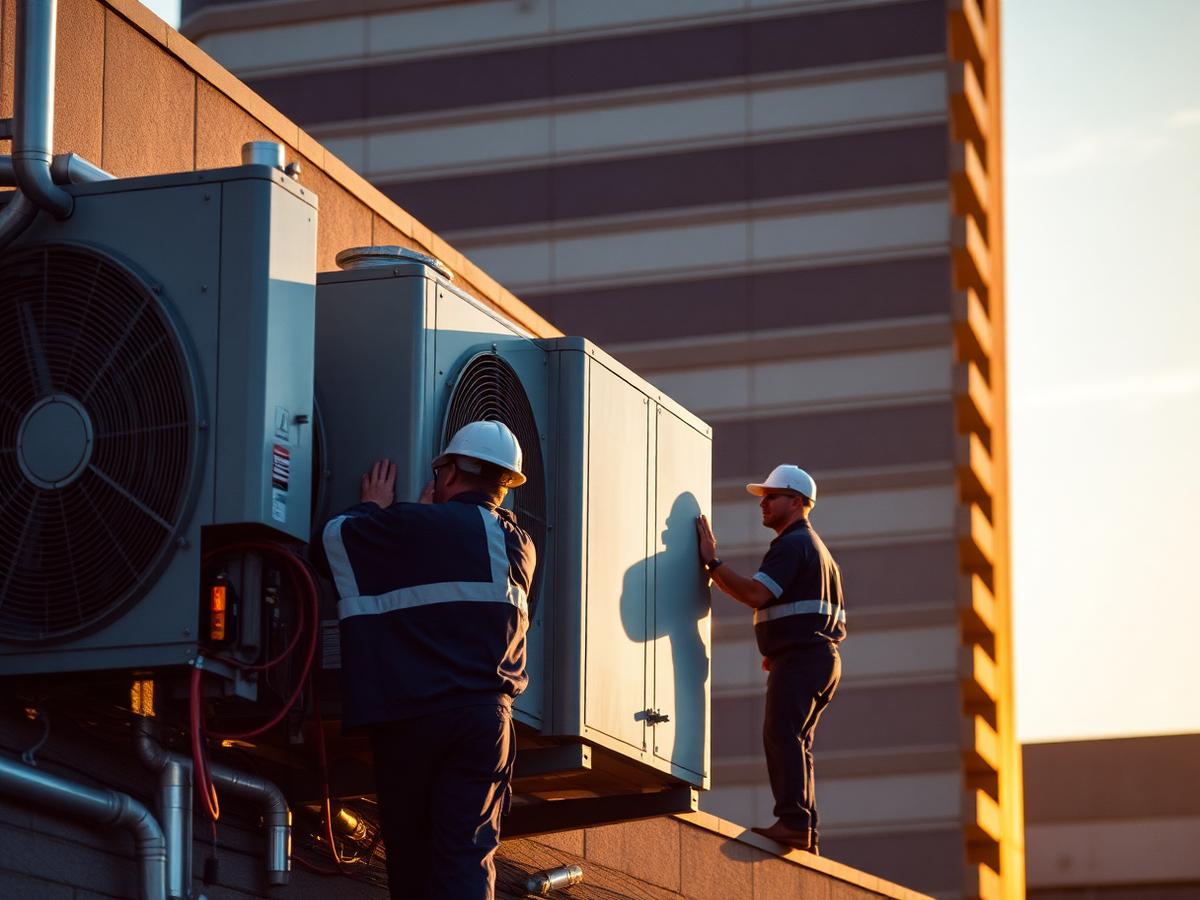 HVAC technician team servicing rooftop unit on commercial building at golden hour