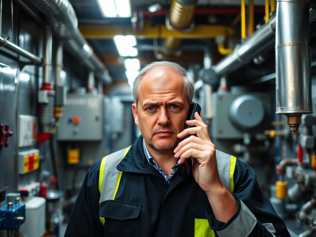 Worried facility manager on the phone in a mechanical room