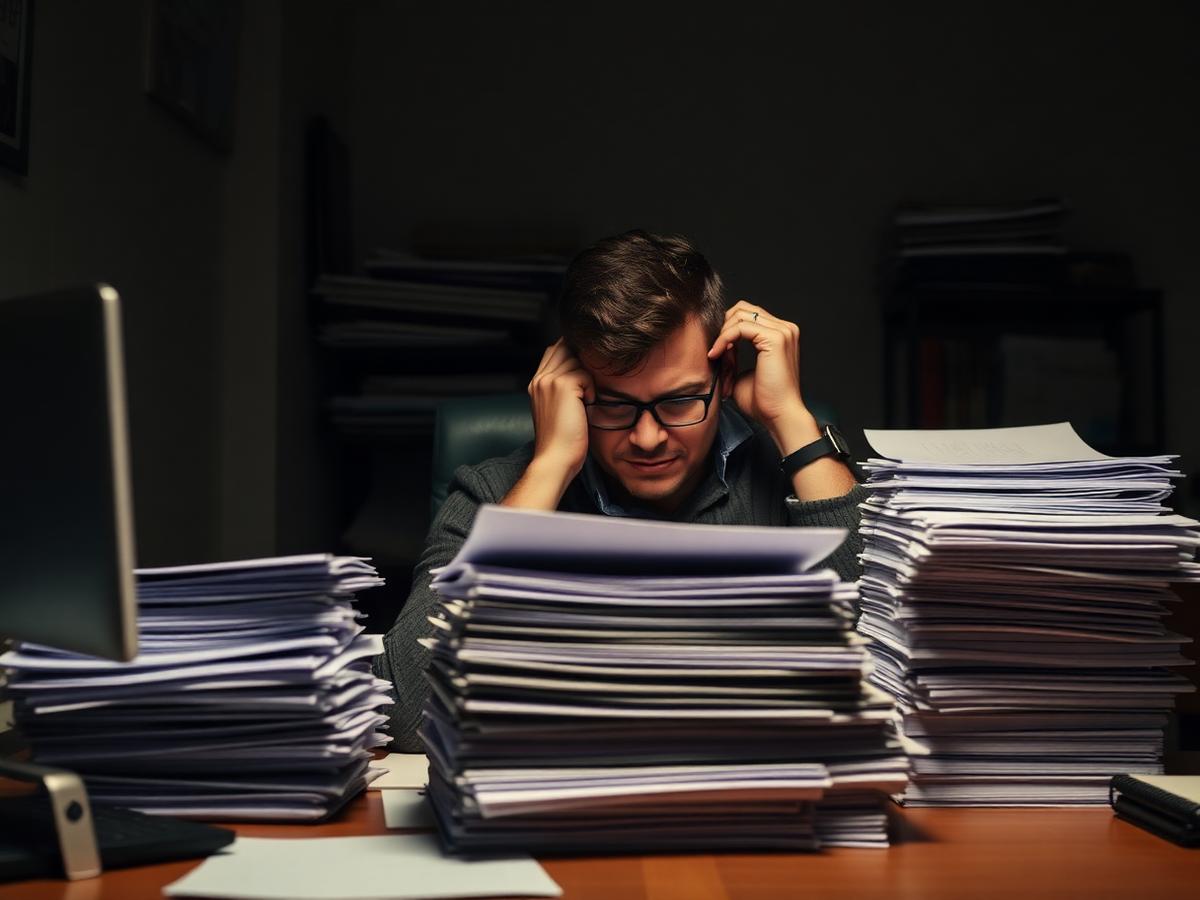 Overwhelmed business owner at desk surrounded by stacks of vendor proposals