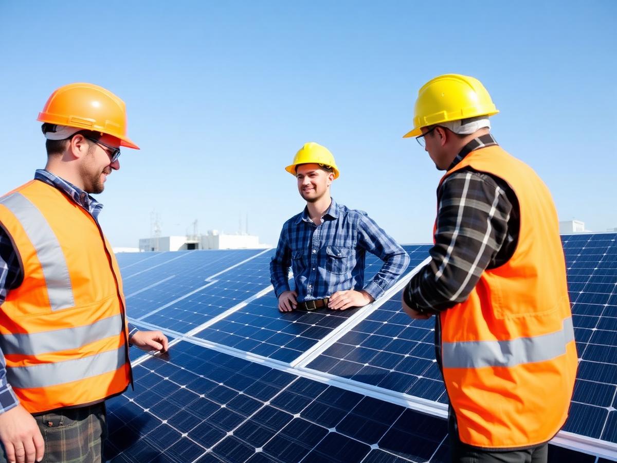 Solar engineer team inspecting newly installed commercial array on rooftop