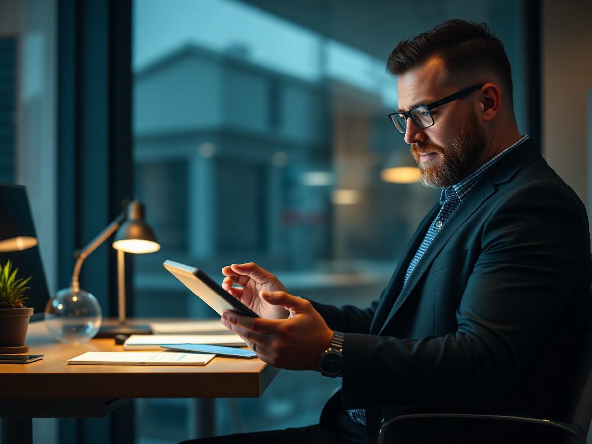 Corporate executive reviewing rising energy bill on tablet in dim office