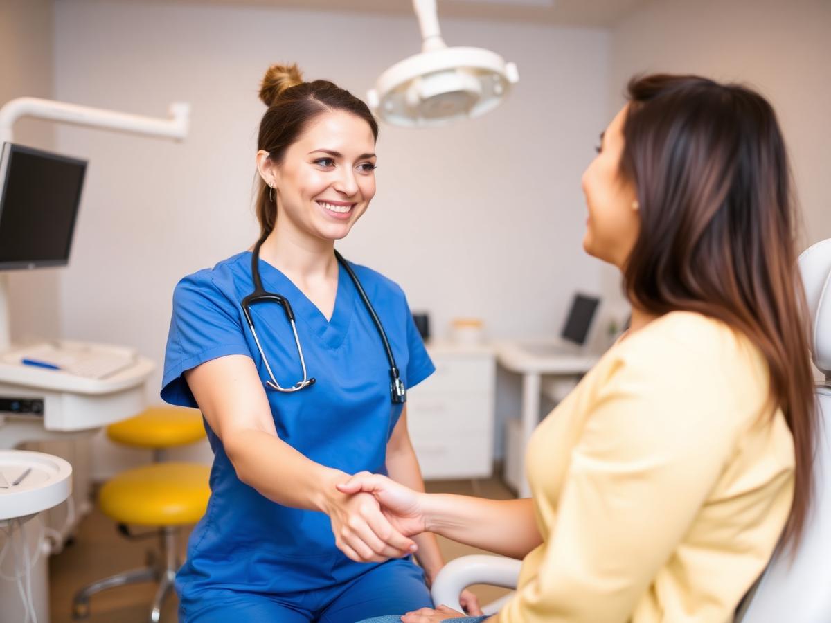 Smiling patient shaking hand with a friendly dentist
