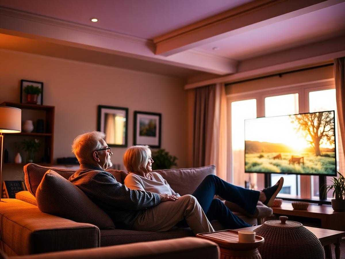 Mature couple watching streaming TV in a warmly lit living room