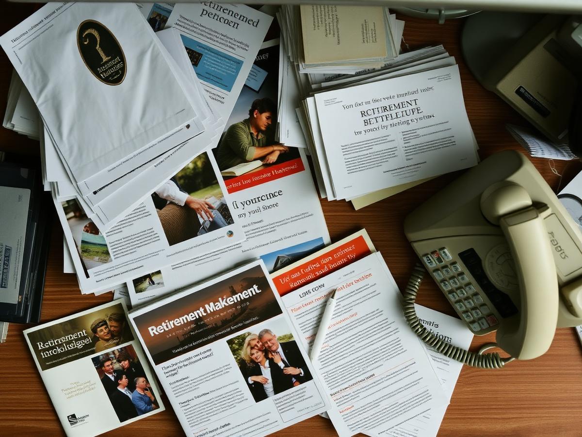 Stack of outdated retirement seminar mailers on a desk