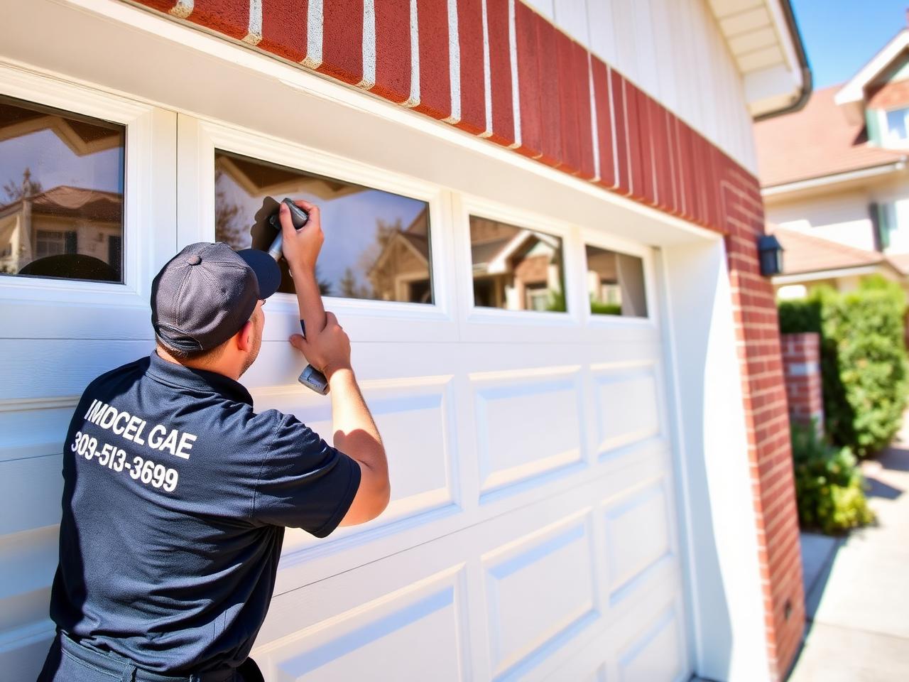 Garage door technician installing new modern garage door