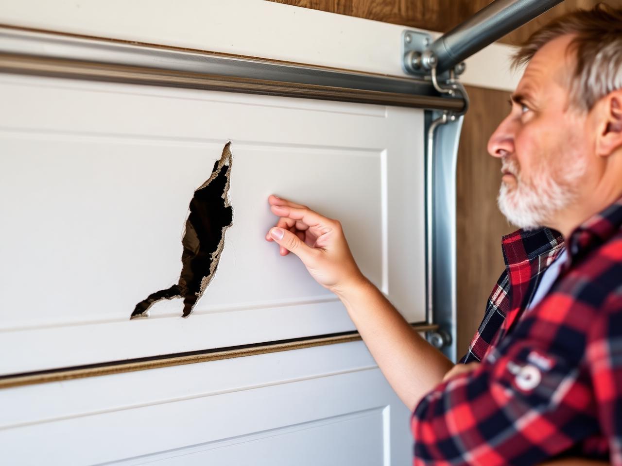 Homeowner inspecting damaged garage door panel