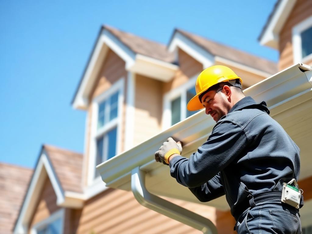 Worker installing seamless aluminum gutter on a suburban home