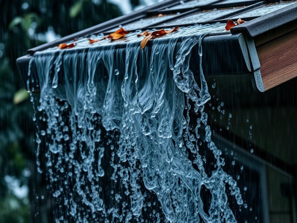 Overflowing clogged rain gutter during a heavy storm