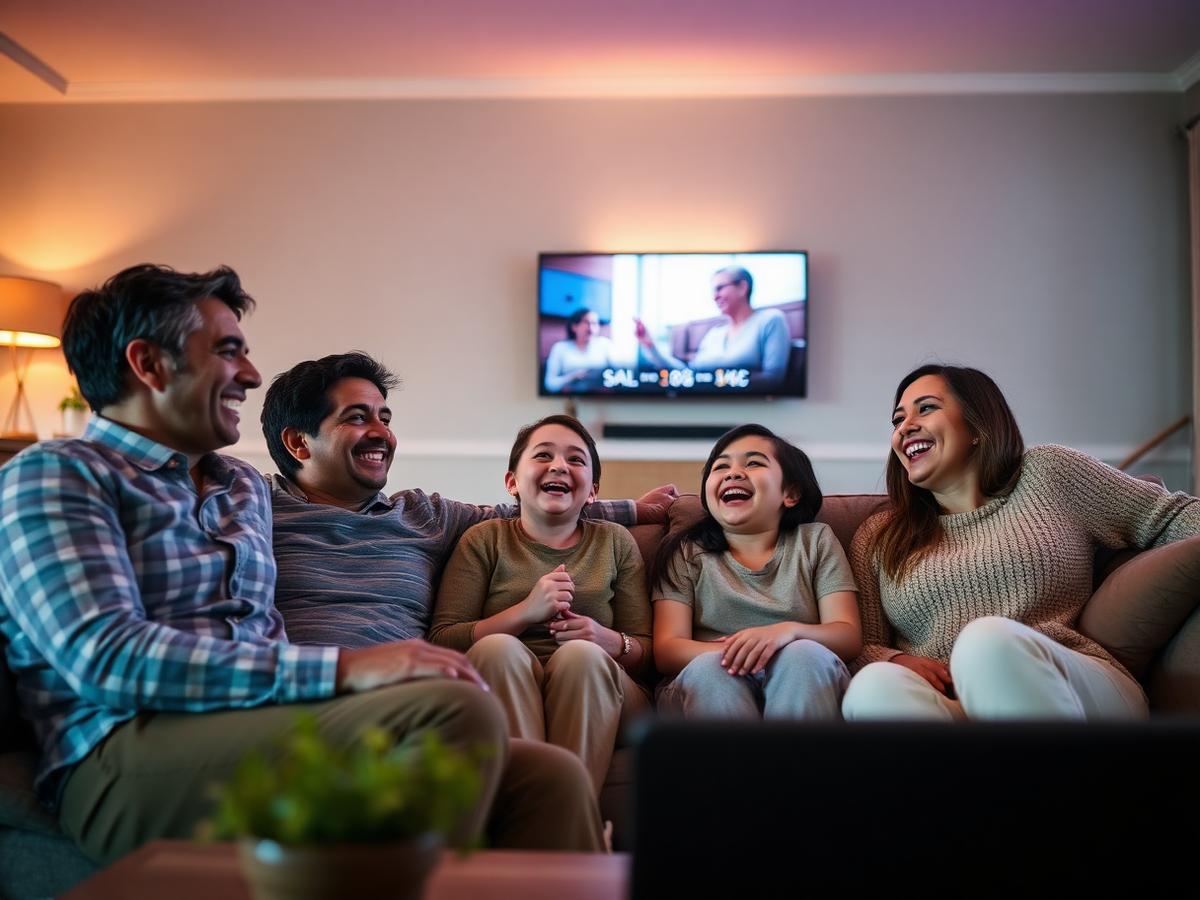 Family laughing together on a couch watching streaming TV