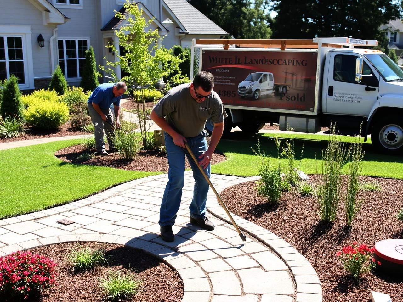Professional landscape crew installing pavers in front yard