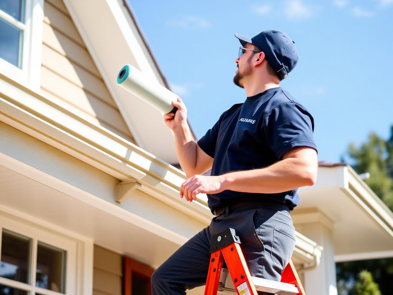 Professional painter on ladder painting home exterior