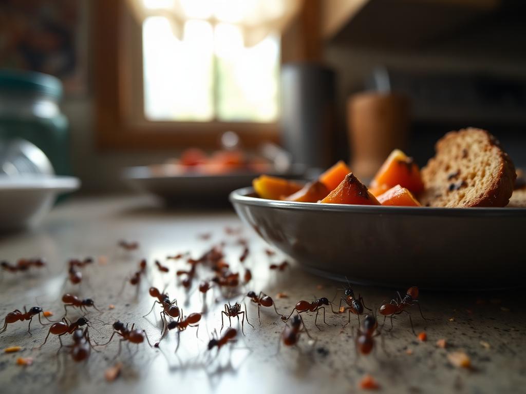 Ants crawling on a kitchen counter near a fruit bowl
