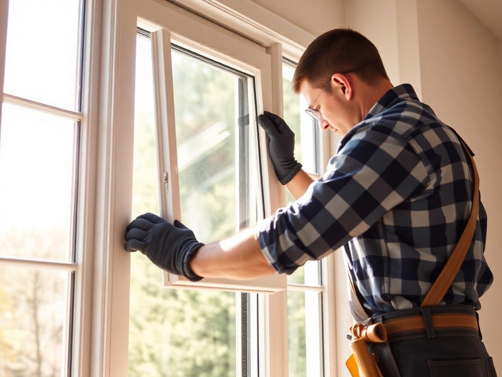 Installer fitting a new triple-pane window into a bright home
