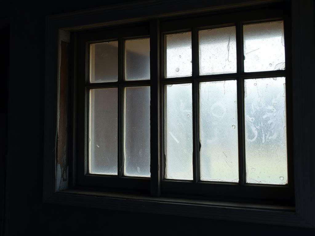 Old drafty wooden window with peeling paint and fogged glass