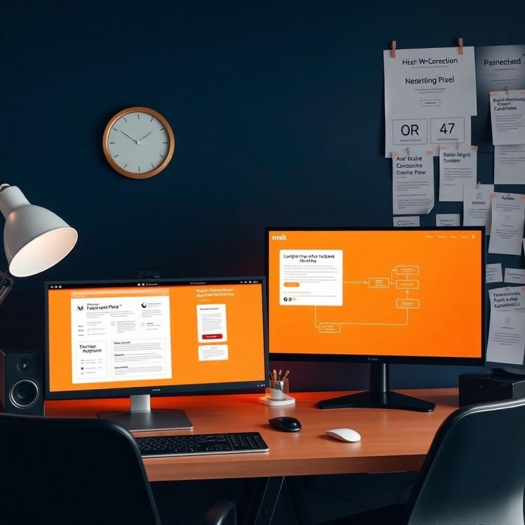 Designer workspace with landing page wireframes and pixel flow